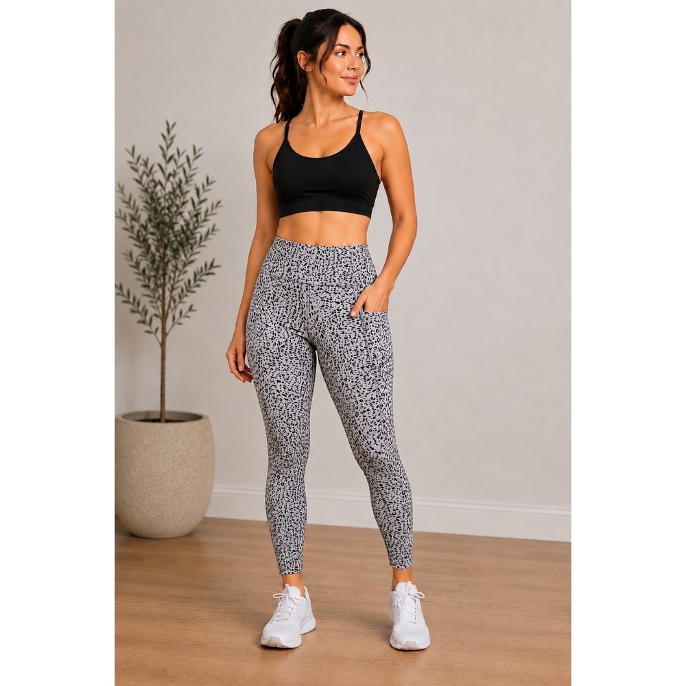 Apana High Rise Printed Pocket Yoga Leggings Gray Black Stretch Women's‎ M - Picture 2 of 8